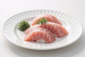 Delicious Tuna Nigiri Sushi on White Plate, Japanese Cuisine Photography