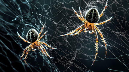 Two spiders on black web background with intricate cobweb pattern in cornered composition. Gossamer Shadows. Illustration