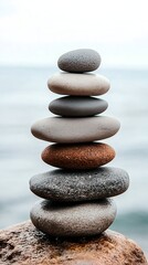 Stack of smooth, rounded stones in gray and brown on a sea background