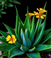 Obraz premium Succulent aloe vera plant, thick green leaves, vibrant yellow flowers, natural, yellow, medicine