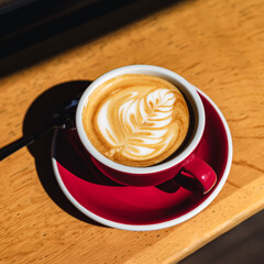 Top view of creamy latte with delicate latte art served in bold red cup on wooden table under warm sunlight. Latte art highlights barista skill. Concept of Coffee ritual, simplicity, visual harmony