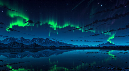 a serene night scene with the Northern Lights illuminating the sky above a mountainous landscape reflected in calm waters.
