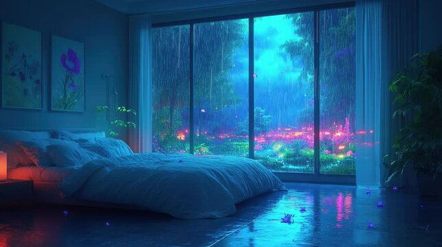 A dreamy bedroom with a large glass window overlooking a neon-lit futuristic landscape. Soft ambient lighting and a peaceful atmosphere Seamless looping 4k time-lapse virtual video animationbackground
