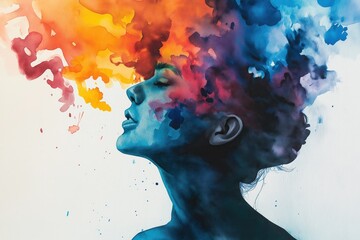 Abstract watercolor profile of woman with colorful paint explosion