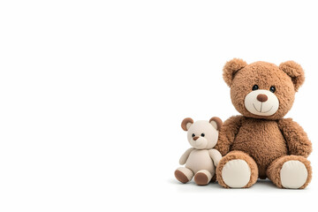 Obraz premium Two plush teddy bears, one large brown and one small beige, sitting together against a white background