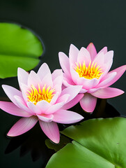 Two pink water lilies float on dark water, surrounded by lily pads