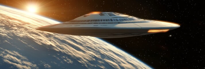 Saucer orbits planet earth amidst starry sky