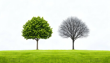 Two trees, one vibrant green, the other bare, contrast on a grassy plain