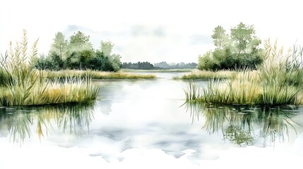 Obraz premium Watercolor Landscape Painting of Calm Lake with Reed and Trees