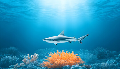Fototapeta premium Underwater shark in vibrant coral reef