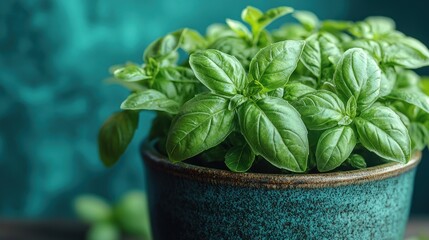 Fresh basil plant in a teal pot. Lush green leaves