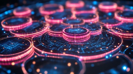 Abstract rendering featuring glowing circular structures and digital elements