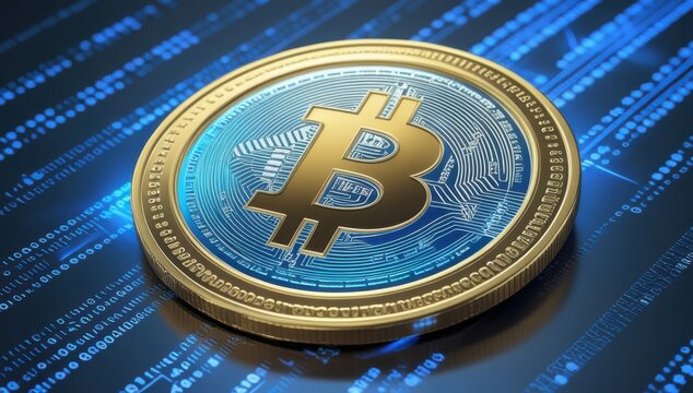 Bitcoin. Fondo de pantalla con una criptomoneda al centro y l&iacute;neas de c&oacute;digo binario al fondo.