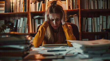 Stressed Student Studying in a Library with Books and Papers Surrounding Her Highlighting Acad