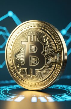 Fondo futurista y tecnol&oacute;gico con una criptomoneda  dorada en el centro. Bitcoin.