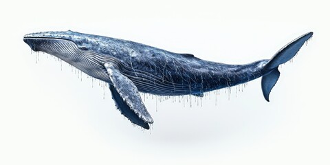 Blue whale illustration with water droplets on minimalist white background