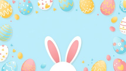 Easter Party Concept with Bunny Ears Colorful Easter Eggs Delicate Spring Flowers on a Pastel Blue Background with Copy Space for Festive Designs Greeting Cards and Holiday Invitations. Easter Holiday