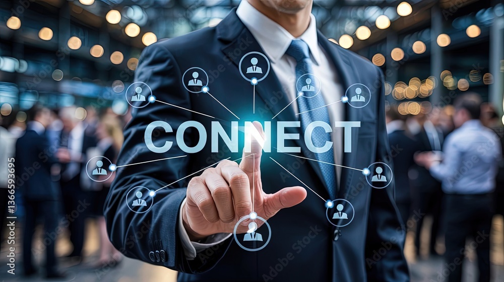 Poster networking for the future: a sharp, professional business man points towards the word 