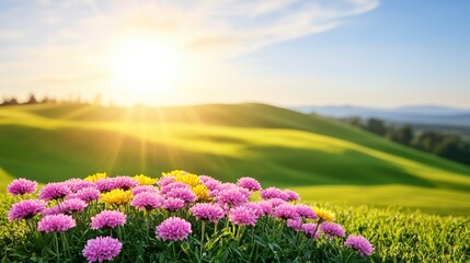 Obraz premium Vibrant Pink Yellow Flowers Blooming in a Sunny Rolling Green Hill Landscape at Sunset