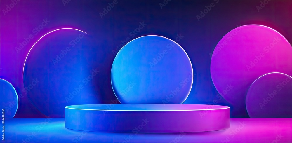 Poster abstract display platform with neon circles for product showcase or presentation