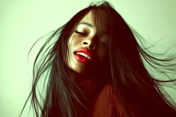 Fototapeta premium Gorgeous happy mixed-race girl - for ads, banner and social social media ad use. Long coiffure - straight hair. Commercial commercial conceptual art. African american style trends.