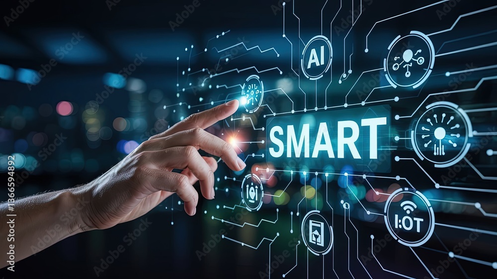 Poster touch the smart technology: a hand interacting with an illuminated digital interface, the word 