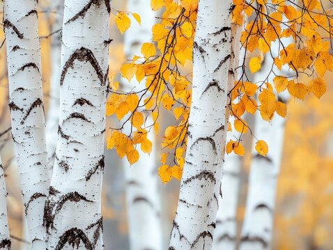 Close-up of birch trees with white bark and black markings amid yellow autumn leaves