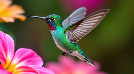 Fototapeta premium Vibrant Hummingbird Hovering Near Flower with Iridescent Plumage – High-Resolution Stock Photo