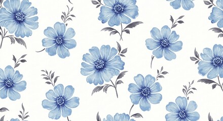 Obraz premium Floral Elegance: A captivating seamless pattern of light blue floral motifs, delicately painted with a watercolor effect, evoking a sense of tranquility and timeless beauty.