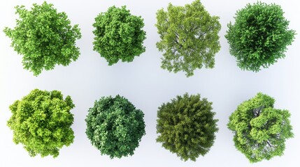 Aerial view of eight vibrant green trees against a white background in various shapes