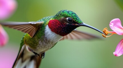 Fototapeta premium Vibrant Hummingbird Hovering Near Flower - High-Resolution Wildlife Photo