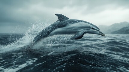 Fototapeta premium Stunning dolphin leaping from ocean waves against a cloudy sky
