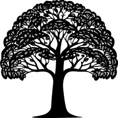 Black vector tree silhouette with roots, a nature symbol of growth