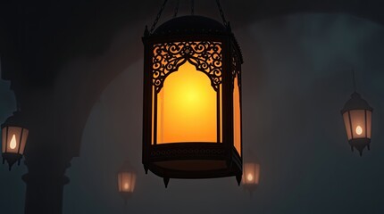 Ornate lanterns hang glowing softly in the muted atmosphere