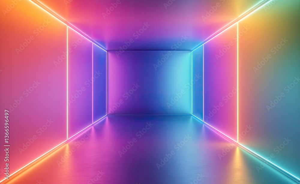 Poster abstract interior space with glowing neon lines and gradient color