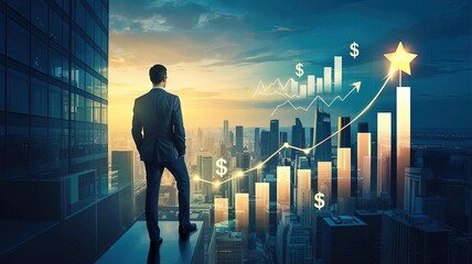 Visionary's Ascent: A determined businessman stands atop a skyscraper, gazing at the cityscape and financial charts, symbolizing ambition and strategic vision.