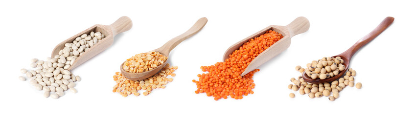 Scoops and spoons with different types of legumes isolated on white, set