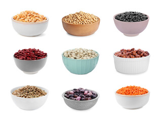 Different types of legumes in bowls isolated on white, set