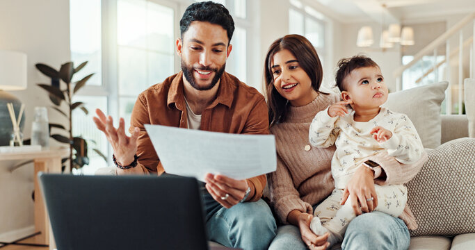 Finance, family and document in home for savings, budget and investment on laptop with baby child. Happy mother, father and reading paper in living room for loan approval, tax return and insurance