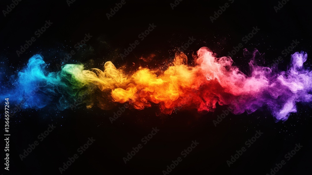 Poster vivid rainbow cloud of colored smoke on black background creating a dynamic abstract explosion
