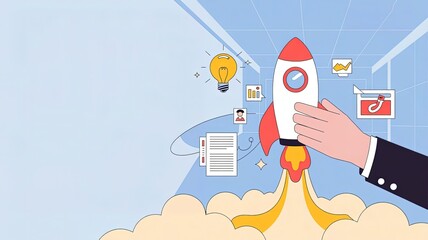 Launching Innovation: A dynamic illustration of a hand igniting a rocket ship, symbolizing the launch of a business venture or innovative idea.