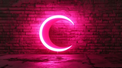 Illuminated crescent moon in a pink glow against a brick wall