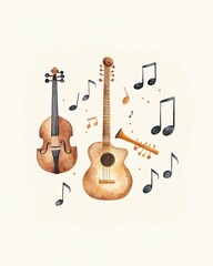 Naklejka premium minimalist watercolor frame made from musical instruments and floating music notes, light beige background, creative and calm tone
