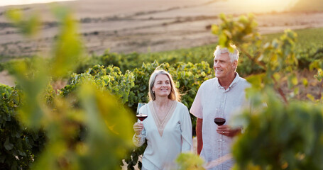 Love, travel and wine with old couple in vineyard for romance, anniversary date and bonding....