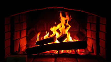 Warm Fireplace Fire with Glowing Embers in Classic Brick Hearth - High-Resolution Stock Photo