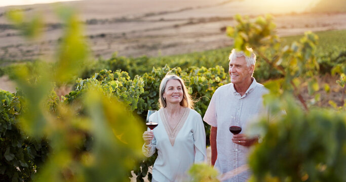 Love, travel and wine with old couple in vineyard for romance, anniversary date and bonding. Happiness, retirement and smile with senior man and woman at winery for alcohol, relax and vacation