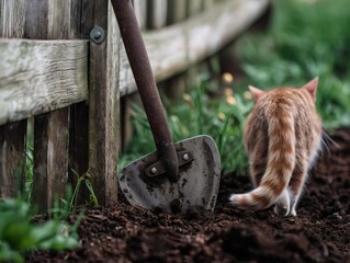 Curious cat exploring garden with vintage hoe and wooden fence. Generative ai illustrations