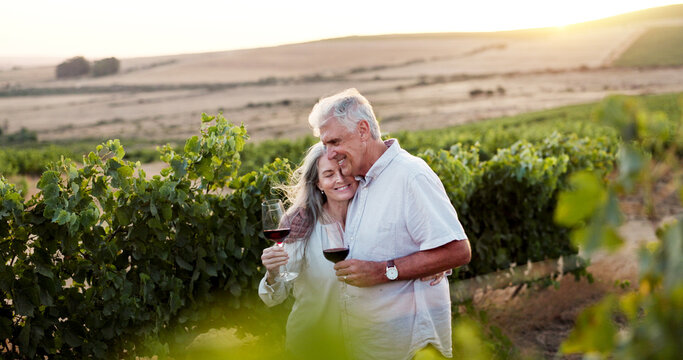 Love, hug and wine with old couple in vineyard for romance, anniversary date and bonding. Happiness, retirement and support with senior man and woman at winery for embrace, relax and vacation