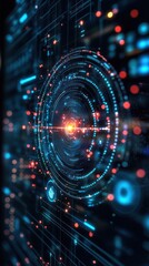 Obraz premium Futuristic digital interface, concentric circles, glowing data, background network