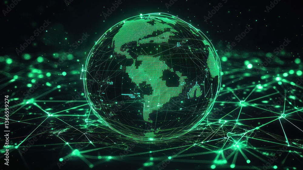 Poster glowing digital globe with network connections and data flow